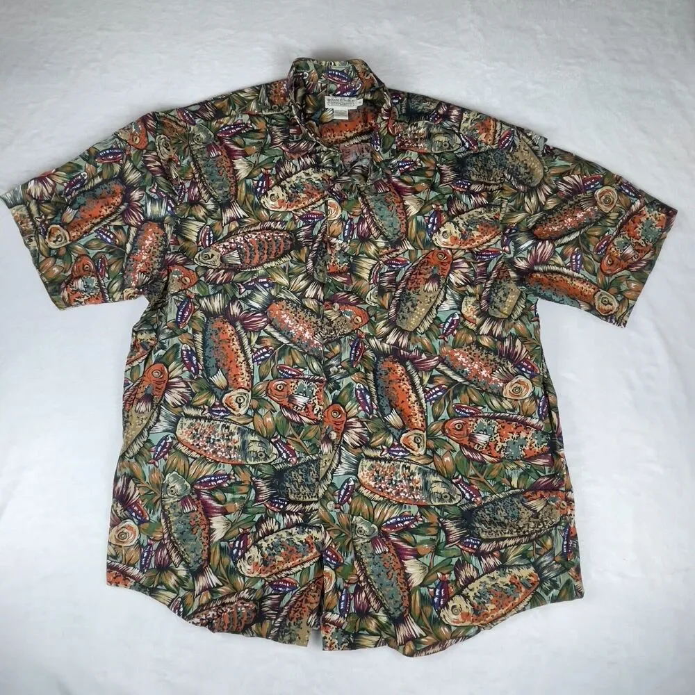 Banana Republic Safari Shirt Men XL Green All Over Fish Print Casual Button Down